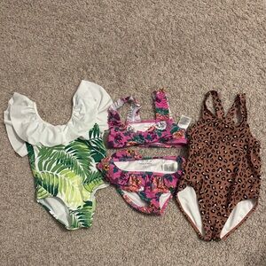 Janie and Jack Green Leaf, Pink Floral, and Brown Leopard Kids Swim One Piece